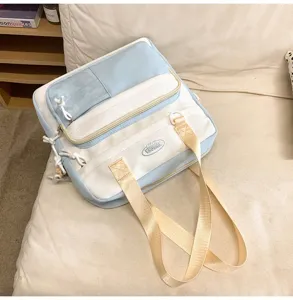 Grand sac à bandoulière pour étudiants en toile style décontracté bleu et blanc mode