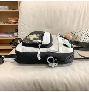 Sac à dos messager en toile noir et blanc sac d'école étudiant avec poche transparente détail