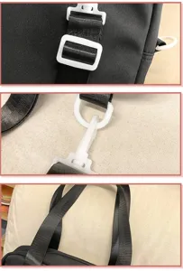 Gros plan des boucles en plastique blanc, anneaux en D et sangles noires robustes du sac.