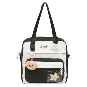 Sac cabas noir et blanc pour filles, grand sac bandoulière d'épaule avec de superbes breloques.
