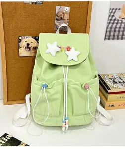 Light green casual backpack with cute star plush school bag for teen girls daily use