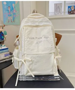 Casual witte studentenrugzak met schattige borduursel en lint voor school en reizen