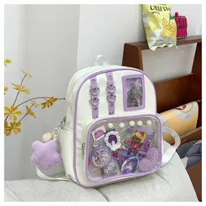Sac à dos ita PU blanc violet poche avant transparente grande capacité cartable