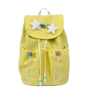 Close-up details of the cute star plush decoration, colorful beads, and front pocket design.