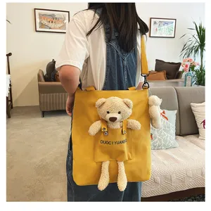 Bolso tote de lona con un osito de peluche lindo, ideal para el uso diario informal.