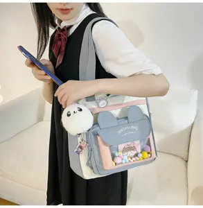 Bolso de lona estilo japonés de gran capacidad bolso de estudiante con lindo colgante