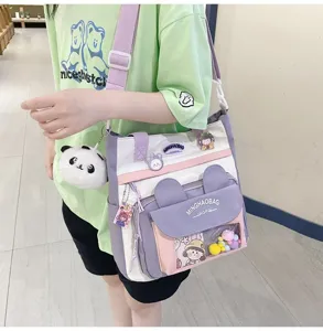 Lindo bolso de hombro de lona para mujer, gran bolso cruzado con orejas de oso y bolsillo.