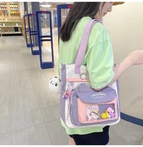Bonito bolso de lona con gran capacidad, bolsillo transparente y panda para estudiantes.