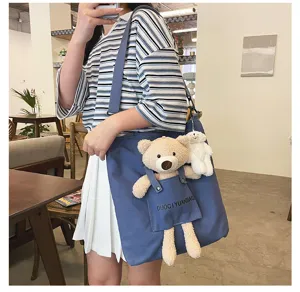 Bolso bandolera de lona con osito de peluche estilo japonés lindo para mujeres y estudiantes