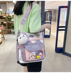 Bolso bandolera de lona para mujer, bolso escolar de gran capacidad con bonito colgante de panda.