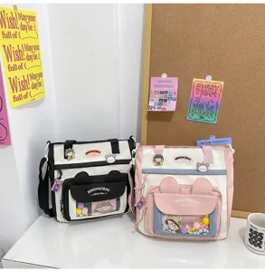 Bolso cruzado de lona lindo para mujeres, gran capacidad bolso escolar con bolsillo transparente.