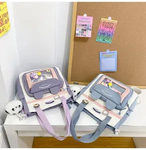 Bonito bolso bandolera de lona gran capacidad bolso estudiante con ventana transparente