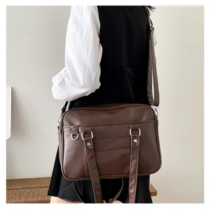 Dark brown Japanese JK uniform school bag, PU leather cross-body tote for students commute.