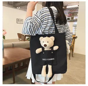 Bolso bandolera de lona con osito lindo para mujer, bolso informal con colgante de peluche.