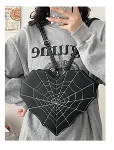 Gothic heart shaped spiderweb crossbody bag, punk style PU leather shoulder bag for women.