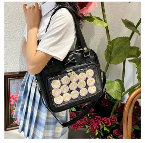 Clear ita shoulder bag with transparent front window and cute bowknot for enamel badges