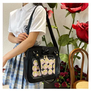 Black ita bag medium PU leather shoulder handbag with clear front pocket for anime badges.