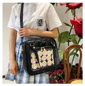 Cute bow medium size ita bag black shoulder handbag with clear window and anime badges display.