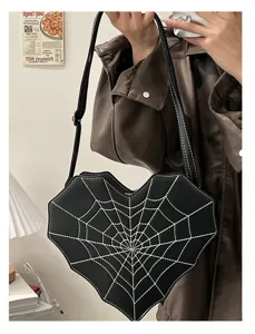 Gothic black heart shaped crossbody bag with white spider web embroidery, cool style shoulder bag.