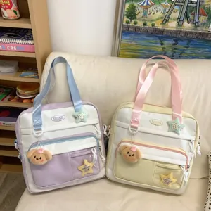 Joli sac cabas bandoulière en toile pour étudiants avec pendentif chien en peluche, grand.