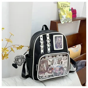 Sac à dos ita en cuir PU noir avec fenêtre avant transparente pour afficher des badges anime.