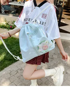 Όμορφη χαριτωμένη τσάντα ita bag με σχέδιο πουά, μεγάλη πλάτης με κορδόνι για γυναίκες.
