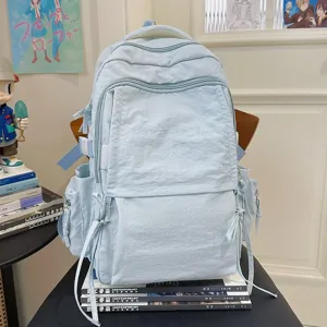 Schattige lichtblauwe casual rugzak met borduurwerk, grote capaciteit schooltas reizen.