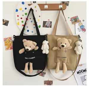 Lindo bolso de lona de estilo japonés con muñeco de oso de peluche, bolso cruzado versátil para estudiantes.