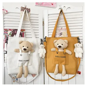 Lindo bolso cruzado de lona con osito de dibujos animados estilo japonés estudiante