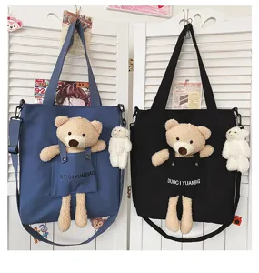 Bolso bandolera de lona con osito de peluche lindo para mujer, estilo japonés bolso casual.