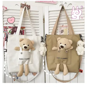 Lindo bolso tote de lona con bolsillo de oso de peluche 3D, detalle de bolso cruzado estilo japonés.
