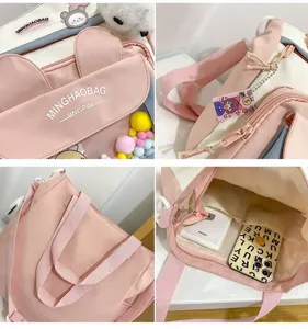 Bonita bolsa de lona con orejas de oso, gran capacidad bolsa escolar y bolso cruzado casual.