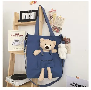 Bolso bandolera de lona con osito de peluche estilo japonés lindo para estudiantes moda