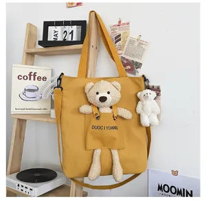 Bolso cruzado de lona con oso tierno, bolso de hombro casual estilo japones con peluche suave.