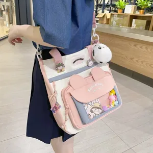 Bonito bolso de lona para mujer, gran bandolera casual con bolsillo de orejas de conejo y pompón.