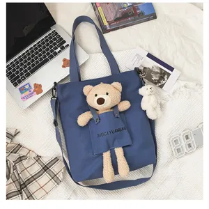 Bonito bolso tote de lona de estilo japonés con peluche de oso 3D y correa cruzada.