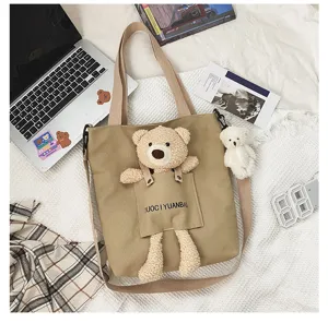 Bolso bandolera de lona lindo con muñeco de oso de peluche 3D, bolso casual para mujer.