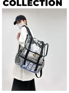 Detail view of clear transparent PVC backpack, stylish Korean trend student travel bag.