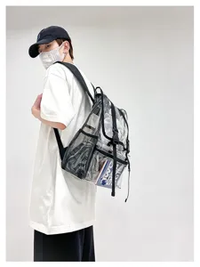 Clear PVC backpack transparent student school bag casual daypack with mesh pockets for women