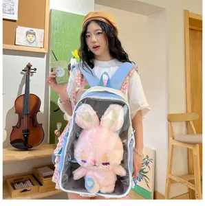 Japanese style transparent ita backpack for 40cm plush dolls with cute pink bunny toy.