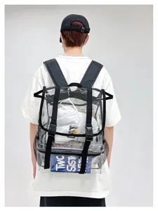 Clear PVC backpack back view showing transparent design, spacious compartment and sturdy straps.