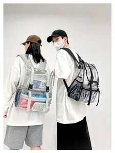 Transparent PVC backpack detail showing clear material, adjustable straps, and spacious interior.