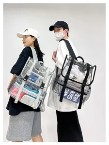 Clear PVC backpack for women, trendy transparent travel daypack, casual school bookbag.