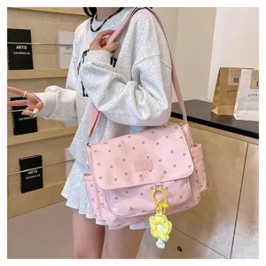 Pink floral canvas messenger bag for women, large capacity shoulder bag with sweet style.