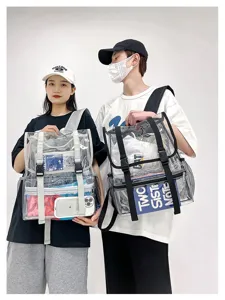 Detailed scene view of clear transparent PVC backpack showing spacious interior for styling.