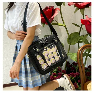 Black JK uniform ita bag with bow and transparent badge display window for anime fans.