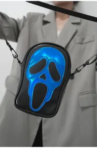 Sac bandouliere noir tendance avec motif de visage de fantome bleu metallique, sac telephone.