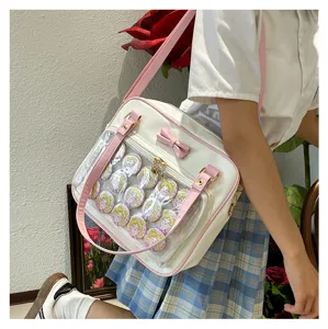 Cute white pink Ita bag with bow clear pocket and anime badges for women daily cosplay use