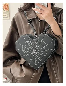 Gothic heart spiderweb crossbody bag, cute and cool style multi-functional leather backpack.