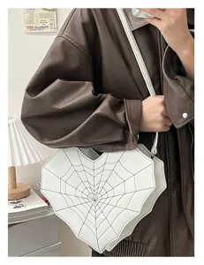 White heart-shaped crossbody bag with unique spider web pattern, stylish cool PU leather purse.